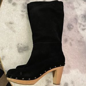 Size 7.5, black suede Banana Republic boots, wooden sole, silver grommets.